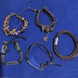 Brown and Black Men's Multi-Strap Leather Bracelets - Casual Accessory Set